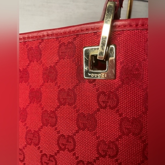 Gucci Red Denim Canvas Tote With Leather Handles & EUC Large - Picture 5 of 10